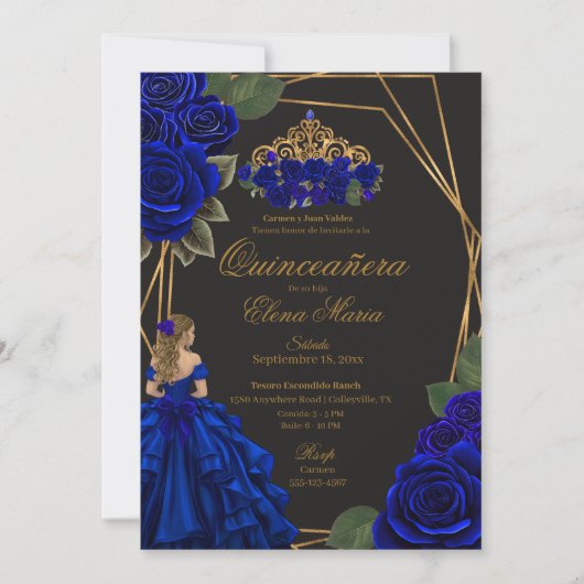 Invitation Black Blue Rose Gold Princesse Quinceañera (Devant)