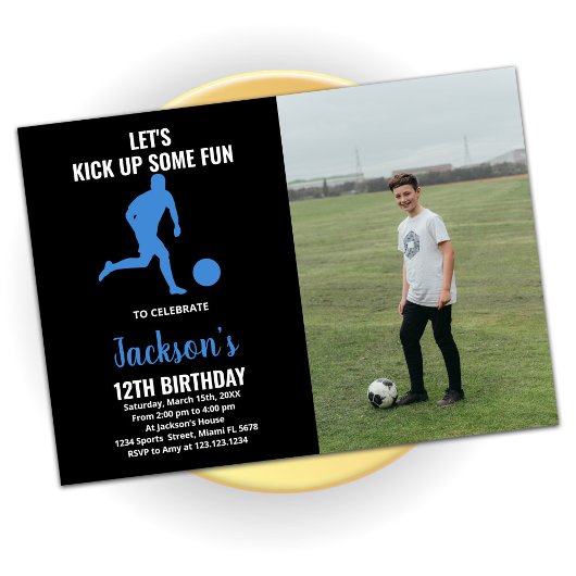 Invitation Black Blue Runer Soccer Anniversaire avec photo