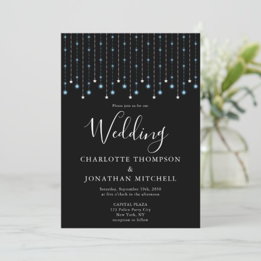 Invitation Black Blue Silver Stars String Lights Mariage (Debout devant)