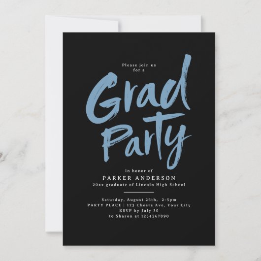 Invitation Black Blue Simple Moderne Brush Script Grad Party (Devant)