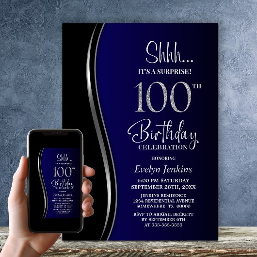 Invitation Black Blue Surprise 100e anniversaire