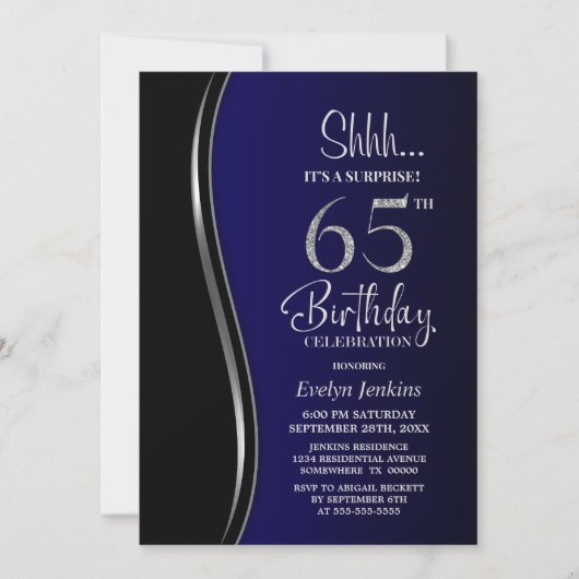 Invitation Black Blue Surprise 65e anniversaire (Devant)