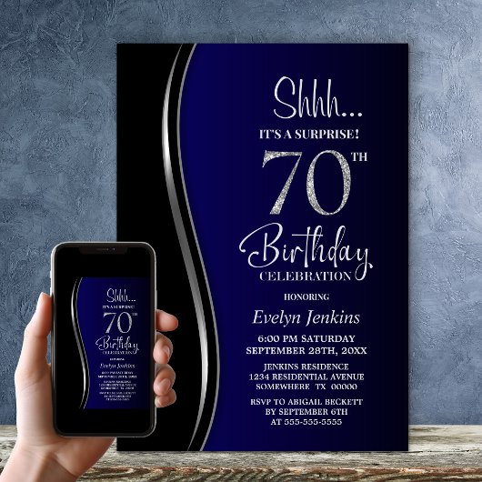 Invitation Black Blue Surprise 70e anniversaire