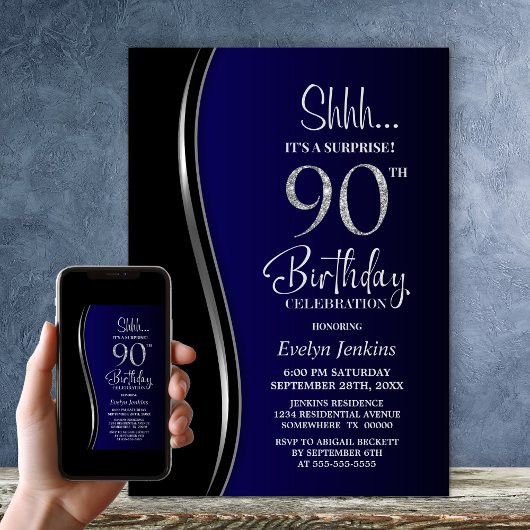Invitation Black Blue Surprise 90e anniversaire