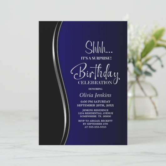 Invitation Black Blue Surprise fête d'anniversaire (Debout devant)