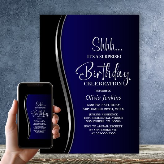 Invitation Black Blue Surprise fête d'anniversaire