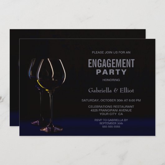 Invitation Black Blue Wine Glass Party (Devant / Derrière)
