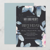INVITATION BLACK BLUSH BLEU FLORAL SWEET 16 N'IMPORTE QUEL ÂG (Devant / Derrière)