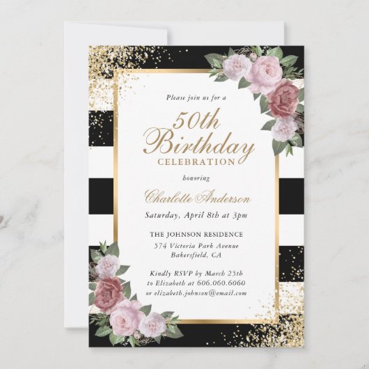 Invitation Black Blush Gold Confetti Floral 50e anniversaire (Devant)