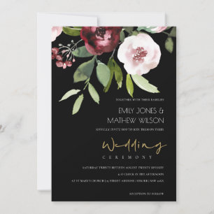 INVITATION BLACK BLUSH PINK BURGUNDY PEONY FLORAL WEDDING