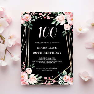 Invitation Black   Blush Pink Floral 100e anniversaire