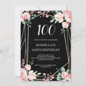 Invitation Black | Blush Pink Floral 100e anniversaire (Devant)