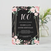 Invitation Black | Blush Pink Floral 100e anniversaire (Debout devant)