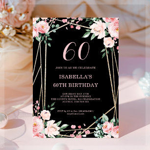 Invitation Black Blush Pink Floral 60e anniversaire Invitat