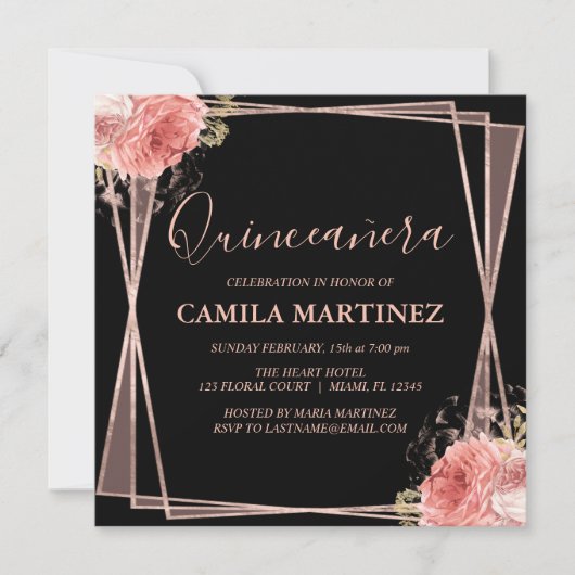 Invitation Black Blush Rose Gold Quinceanera Party (Devant)
