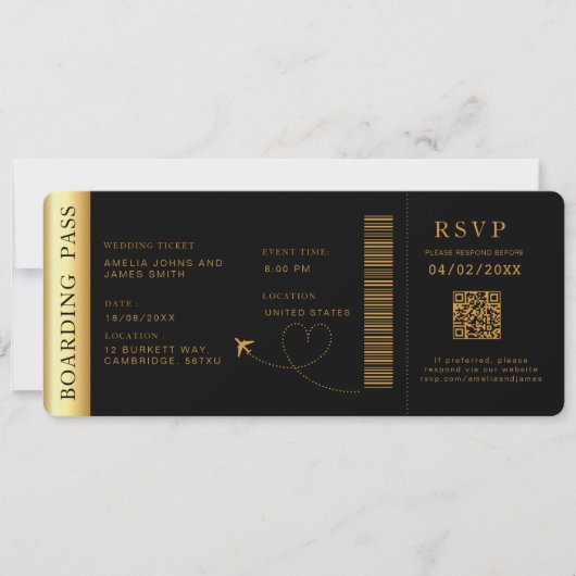 Invitation Black Boarding Pass Destination mariage Code QR (Devant)