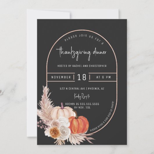 Invitation Black Boho Arch Citrouille Thanksgiving Diner Part (Devant)