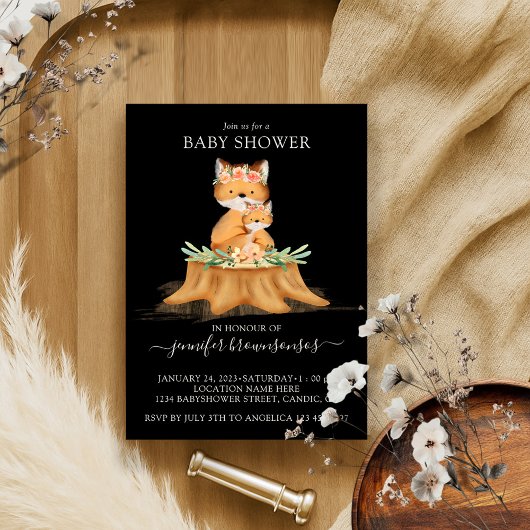 Invitation Black Boho Famille Fox Baby shower maman