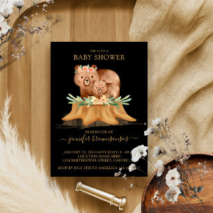 Invitation Black Boho famille ours maman Baby shower