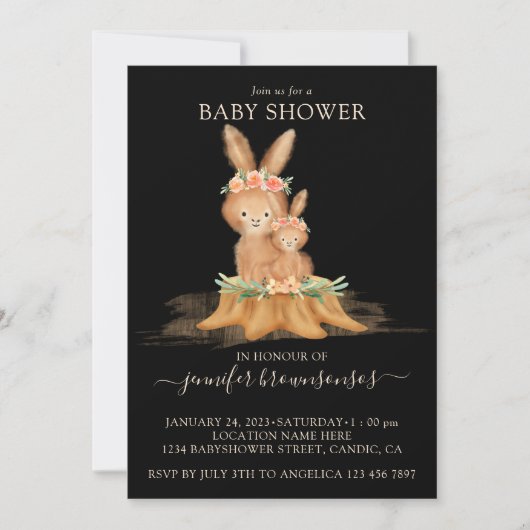 Invitation Black Boho Famille Rabbit Baby shower maman (Devant)