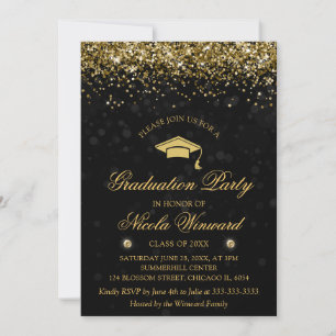 Invitation Black Bokeh & Gold Parties scintillant Graduation 