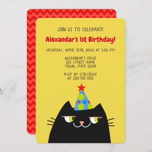 Invitation Black Booo Le Chat, Funny Black 1er Anniversaire (Devant / Derrière)