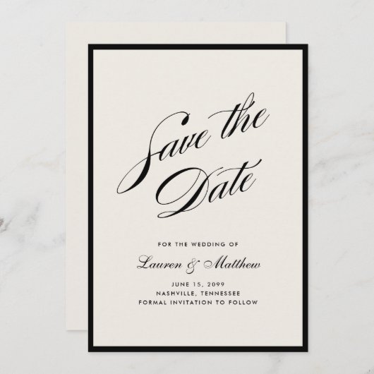Invitation Black Border Ivory Modern Save the Date (Devant / Derrière)