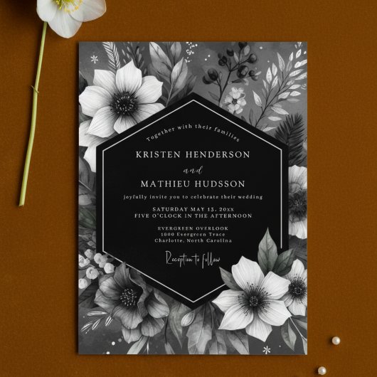 Invitation Black Botanical Romance Wedding