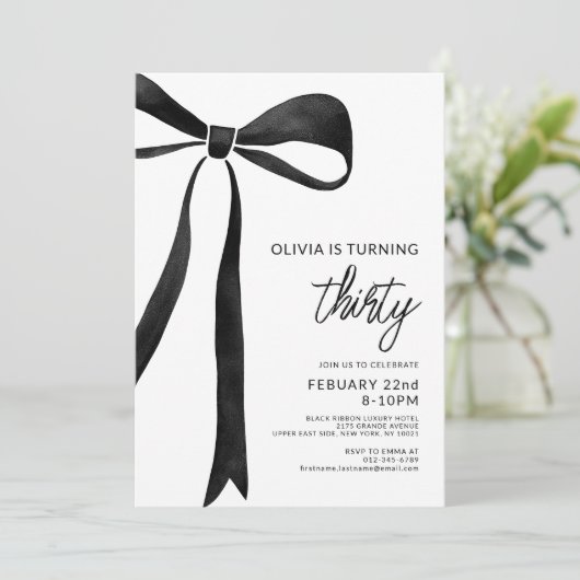Invitation Black Bow 30th Birthday Party Celebration Script (Debout devant)