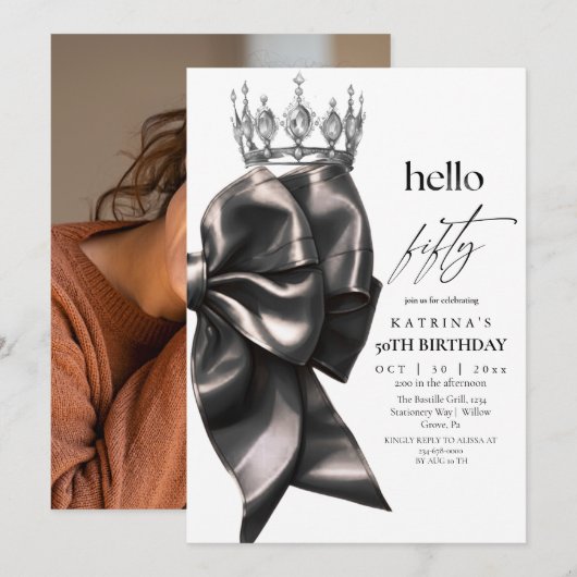 Invitation Black Bow 50th Birthday (Devant / Derrière)
