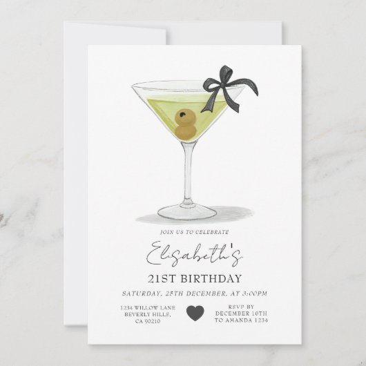 Invitation Black Bow A tiny bit older Olive Martini Birthday (Devant)