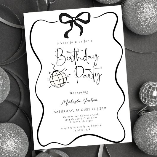 Invitation Black Bow Coquette Hand-drawn Party Birthday