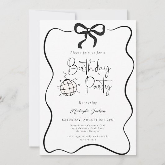 Invitation Black Bow Coquette Hand-drawn Party Birthday (Devant)