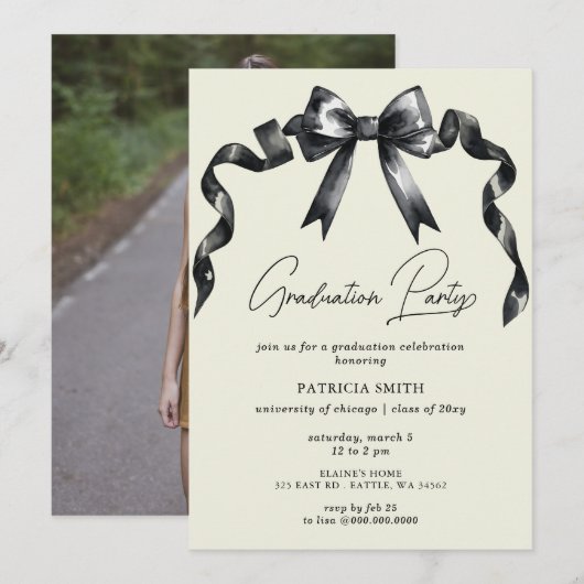 Invitation Black Bow Coquette Photo Graduation Party (Devant / Derrière)