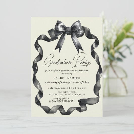 Invitation Black Bow Coquette Photo Graduation Party (Debout devant)