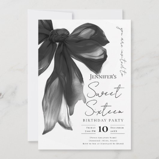 Invitation Black Bow Coquette Script Sweet 16 Party (Devant)