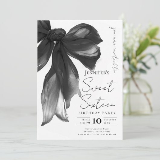 Invitation Black Bow Coquette Script Sweet 16 Party (Debout devant)