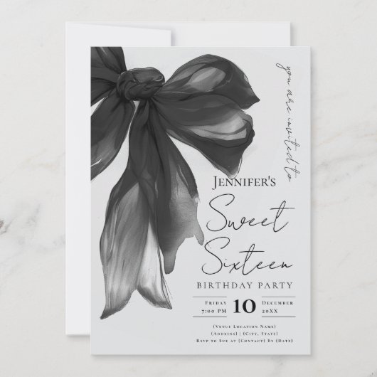 Invitation Black Bow Coquette Script Sweet 16 Party Gray  (Devant)