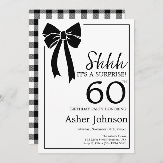 Invitation Black Bow Coquette Surprise 60e fête d'anniversair (Devant / Derrière)