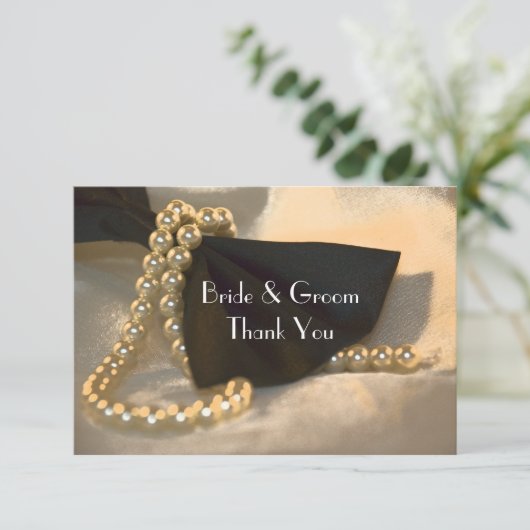 Invitation Black Bow Cravate perles Mariage plat Merci note (Debout devant)