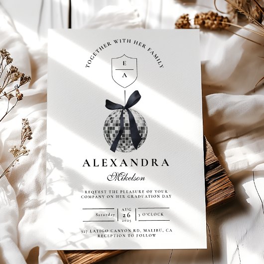 Invitation Black Bow Disco Ball Party