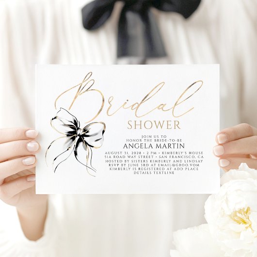 Invitation Black Bow Elegant Romantic Modern Bridal Shower