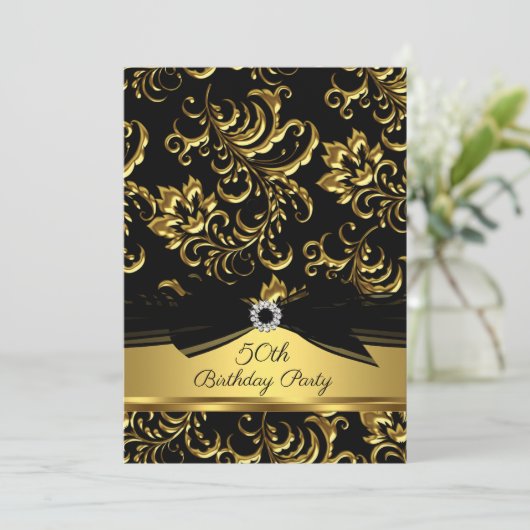 Invitation Black bow Gold Damask 50e anniversaire (Debout devant)