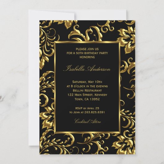 Invitation Black bow Gold Damask 50e anniversaire (Dos)