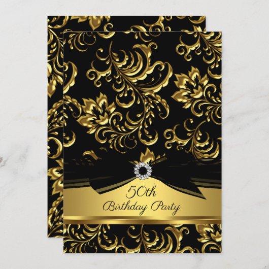 Invitation Black bow Gold Damask 50e anniversaire (Devant / Derrière)