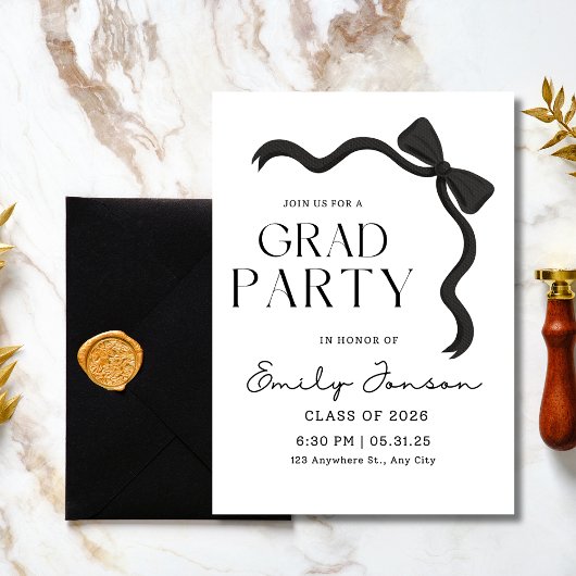 Invitation Black Bow Graduation Party Elegant Modern Grad 