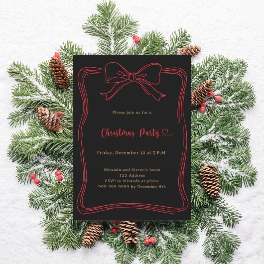 Invitation Black bow red hand-drawn Christmas Party