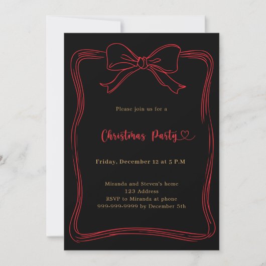 Invitation Black bow red hand-drawn Christmas Party (Devant)