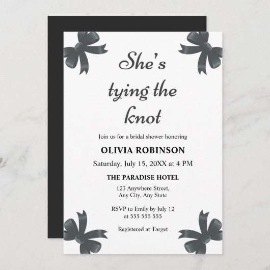 Invitation Black Bow She's Tying the Knot Fête des mariées (Devant / Derrière)