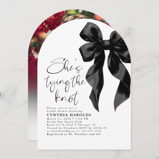 Invitation Black Bow She's Tying the Knot Fête des mariées Ph (Devant / Derrière)